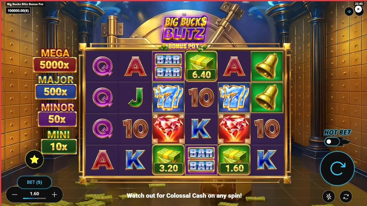 Tampilan antarmuka slot Big Bucks Blitz Bonus Pot di layar ponsel yang menampilkan simbol brankas dan emas
