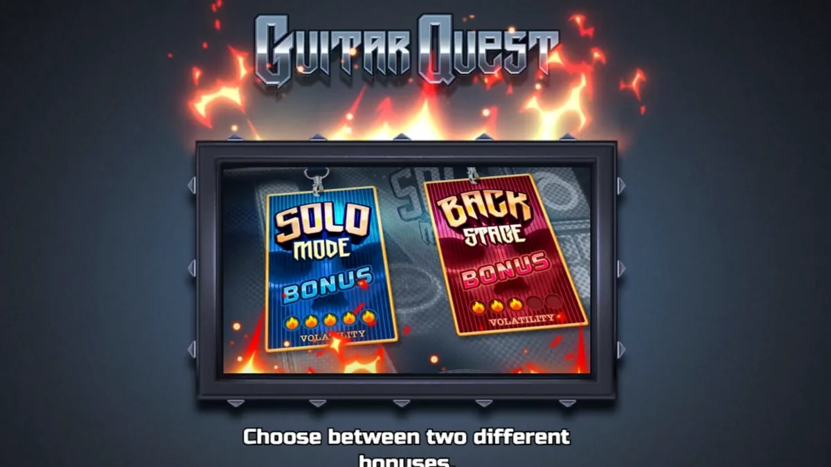 Tampilan visual slot Guitar Quest dengan tema garasi rock dan instrumen musik