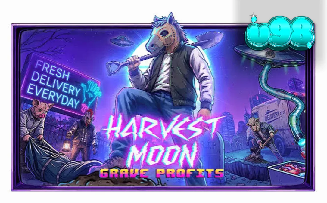 Tampilan layar permainan slot Harvest Moon Grave Profits dengan elemen visual horor sci-fi.