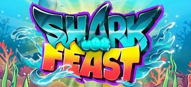 Tampilan visual neon penuh warna dari permainan slot Shark Feast
